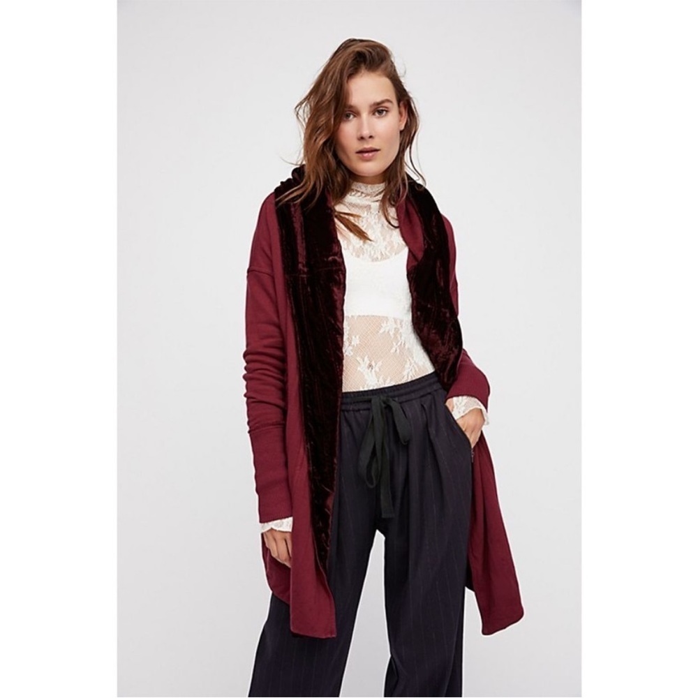 Free People Dark Berry Burgundy Westwood Velvet Trim Cardigan Bohemian Oversized